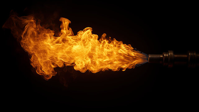 Flamethrower or gas torch emitting bright fire stream in dark background