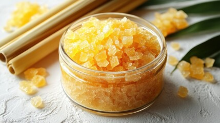 Golden bath crystals in glass bowl