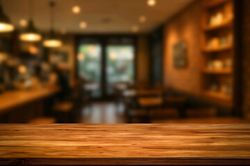 Empty wooden table  bokeh light background. Tables and chairs in the lobby of restaurant. Visitors to restaurant for dinner. Cozy bokeh lightening. Beautiful bright interior. Blurred bokeh basic