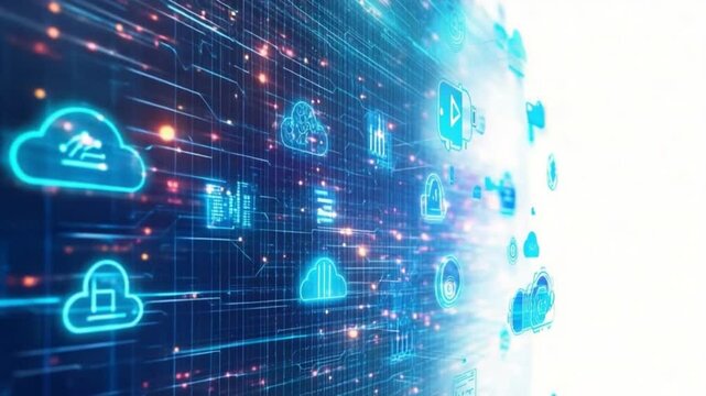 Cloud Computing: Abstract illustration showcasing the concept of cloud computing, with interconnected digital data streams and glowing icons representing various services and functions.