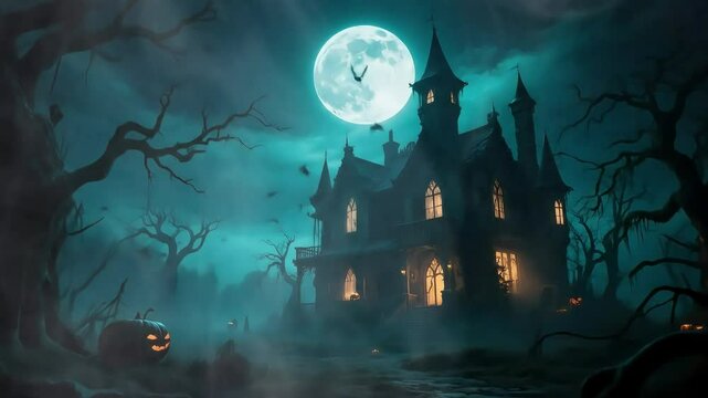 Halloween ghost bats scary house castle a full moon in the dark night mist Illustration of halloween background  halloween night scene video halloween background with halloween with castle
