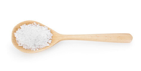 Salt in wooden spoon isolated on white, top view