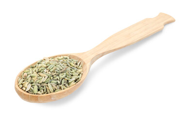Fennel seeds in wooden spoon isolated on white