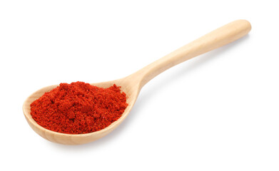Aromatic red pepper powder in wooden spoon isolated on white