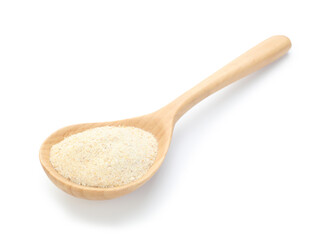 Aromatic garlic powder in wooden spoon isolated on white