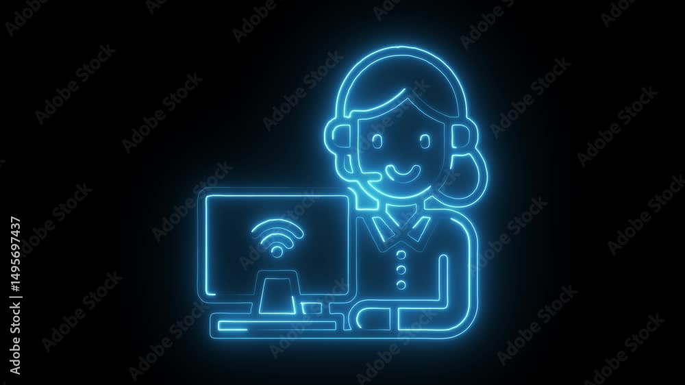 Aufkleber neon style customer support representative using computer on black background animation
