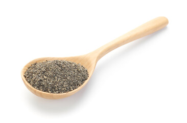 Aromatic ground black pepper in wooden spoon isolated on white