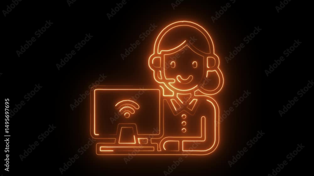 Poster glowing neon icon of female customer support agent with computer displaying wifi symbol