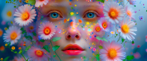 Whimsical Portrait of a Woman with Flowers and Vivid Artful Colors