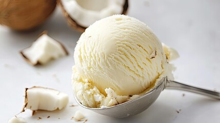 Scoop of Creamy Coconut Ice Cream with Coconut Chunks on Marble Surface