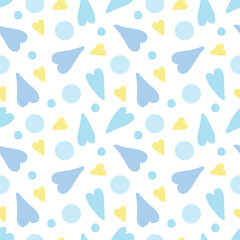 A sky-blue pattern with small abstract hearts around the perimeter.