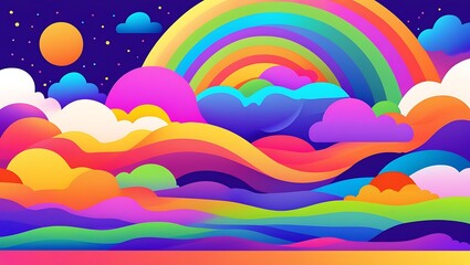 Vibrant rainbow over a dreamlike landscape, surreal and colorful clouds