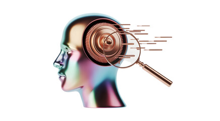 Abstract Metallic Head with Magnifying Glass Exploring Inner Cogs