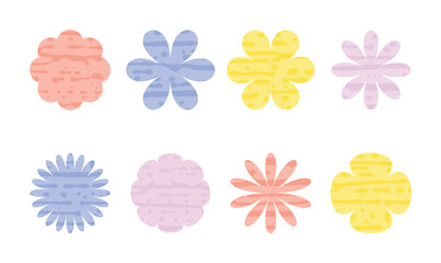 Flower with texture. Set. Simple abstract shape. Minimalist trendy forms. Primitive graphic design elements. Collection of spring colorful floral elements. Modern vector illustration.