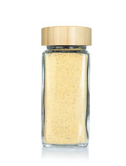 Garlic powder in spice jar isolated on white