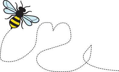 Bee flying icon, Bee flying on a dotted route, Hand drawn bees, Vector illustration on a white background
