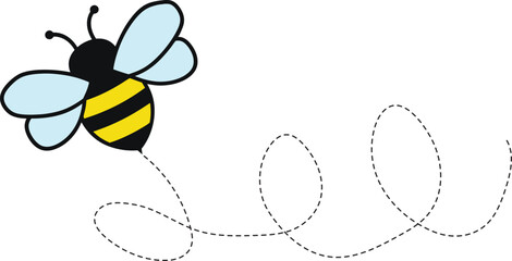 Bee flying icon, Bee flying on a dotted route, Hand drawn bees, Vector illustration on a white background