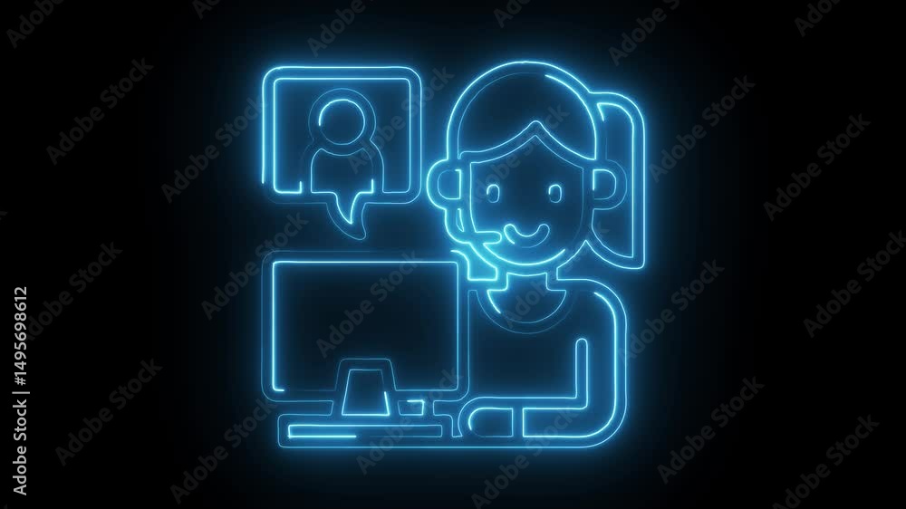 Poster neon customer service representative icon with computer and online chat bubble animation