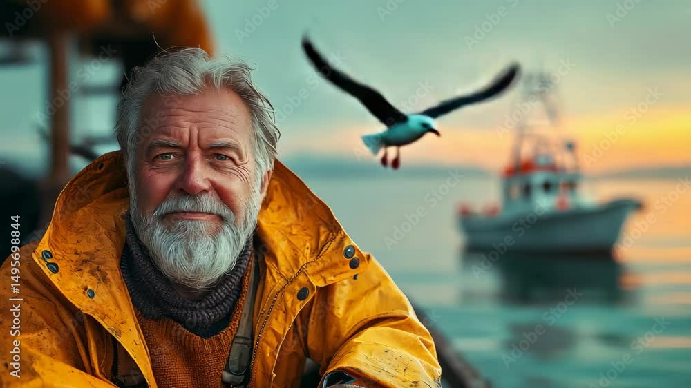 Poster man in a yellow jacket is smiling at the camera. the background features a boat and a bird