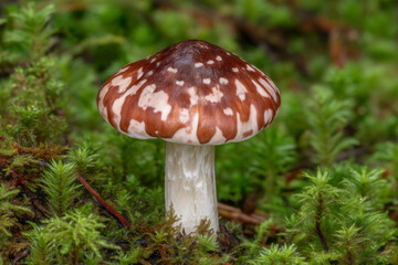 Close-up of single wild mushroom with red and white cap growing among green moss in forest floor