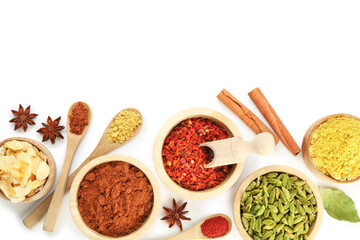 Different aromatic spices isolated on white, top view