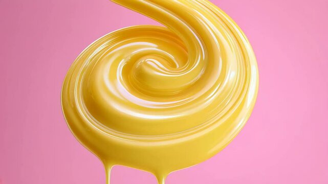 Glossy thick liquid spiraling downward on pink background creating unique opaque yellow pattern