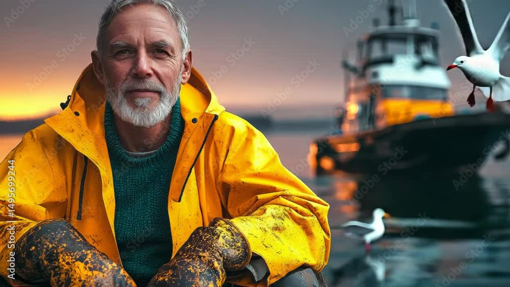 Poster man in a yellow jacket sits on a boat in the water. the man is smiling and he is enjoying his time. 