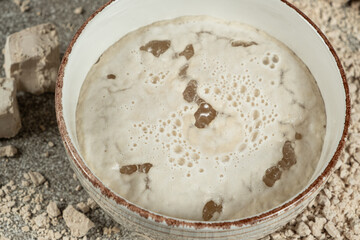 Activation of wet fresh yeast in warm water with sugar.