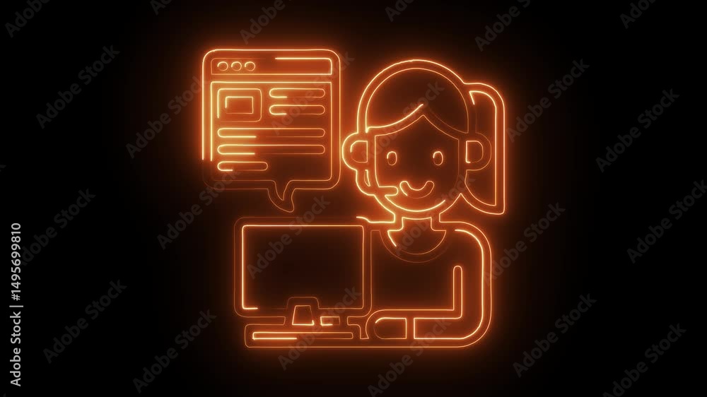 Poster glowing neon customer support icon animation on black background video loop