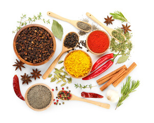 Different aromatic spices isolated on white, top view