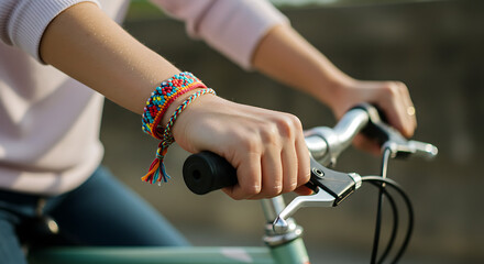 Close-up of hands on bike handlebars wearing a colorful woven friendship bracelet
