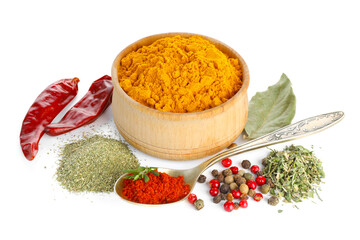 Many different aromatic spices isolated on white