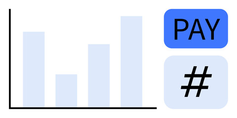 Naklejka premium Bar graph alongside blue payment and metadata tag buttons. Ideal for finance, analytics, digital payment, social media trends, e-commerce, fintech, startup strategy, simple landing page