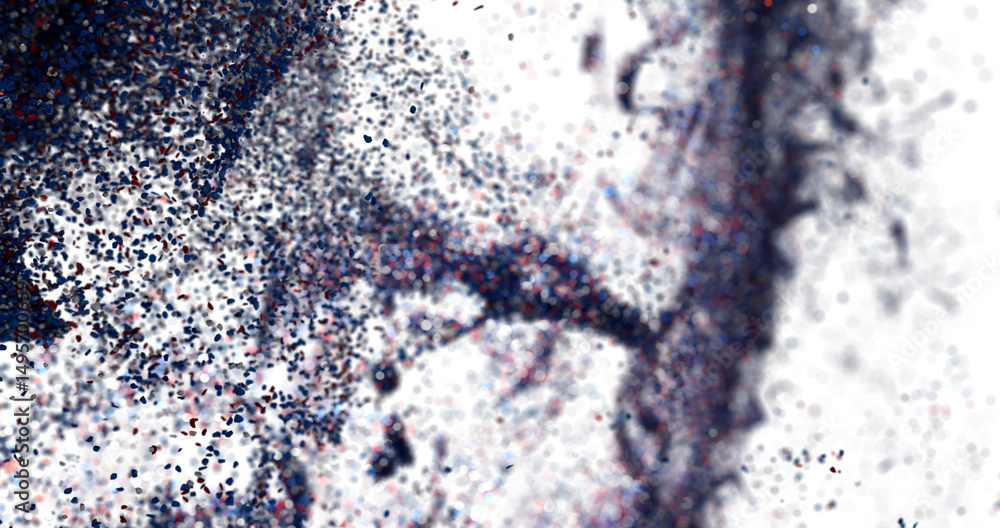 Fototapete high resolution abstract background with blue, red particles exploding on white