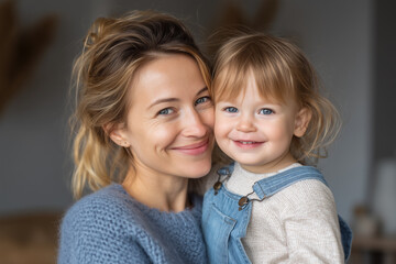 Happy mother holding and smiling with her adorable baby girl, enjoying a tender moment of motherhood and family connection
