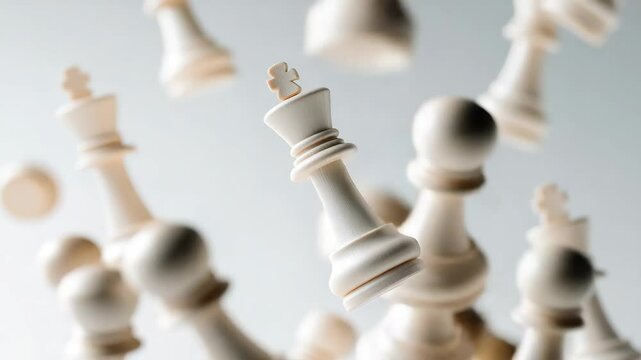 Group of white chess pieces are flying through the air. Concept of chaos and unpredictability, as the pieces are scattered in various directions
