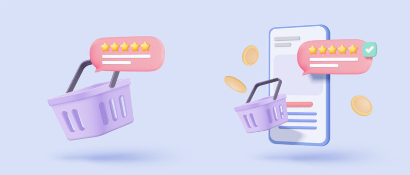 3D shopping online with mobile phone. Rating five stars for best excellent rating in mobile phone. 5 star for quality customer rating feedback concept. Mobile phone icon 3d vector render illustration