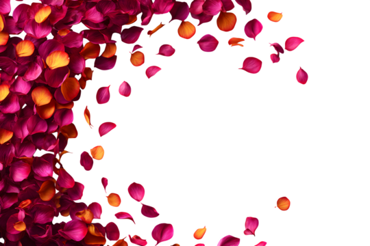 curved overlay of loose petals and falling leaves, arranged in semi-circle frame, suitable for wedding or spring scenes, isolated to transparent background