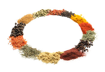 Piles of many different spices isolated on white