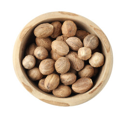 Nutmegs in bowl isolated on white, top view