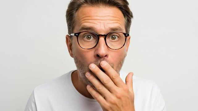 Surprised man with glasses covering his mouth isolated on white background