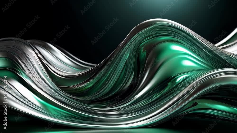 Aufkleber smooth silver and green waves flowing in abstract digital art