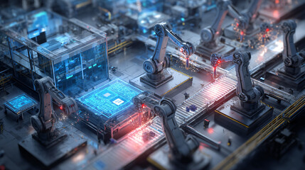 Advanced Robotics Assembling Electronics in High-Tech Factory, Industrial Automation Concept
