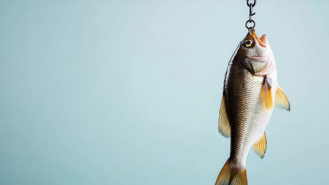 Fish is hanging from a fishing line. The fish is brown and white. The background is blue