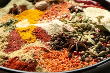 Many different aromatic spices on plate, closeup