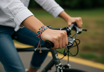 Fototapeta premium Close-up of hands on bike handlebars wearing a colorful woven friendship bracelet