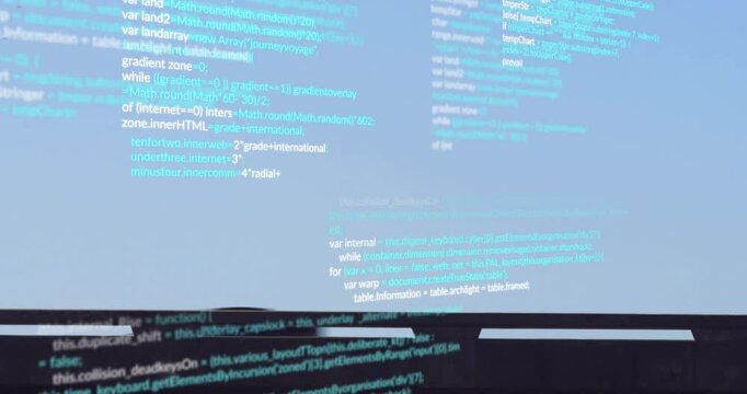 Aqua code lines emerging, scrolling upward while bus silhouette passing bar illustrating data flow