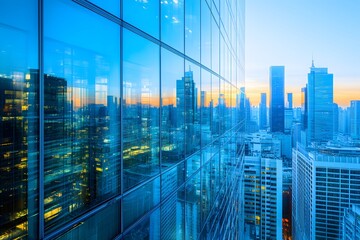Obraz premium Modern Urban Skyline at Sunset Reflected on Glass Skyscrapers for Cityscape Design