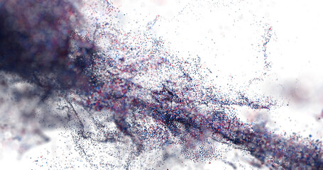 Vibrant digital art of a red, blue, purple particle explosion. High-resolution stock photo.