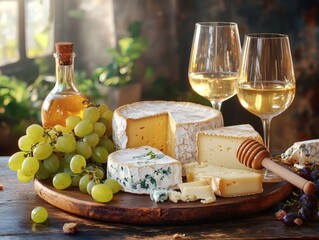 A wooden tray with a variety of soft cheeses, grapes, honey and two wine glasses. Realistic food scene.